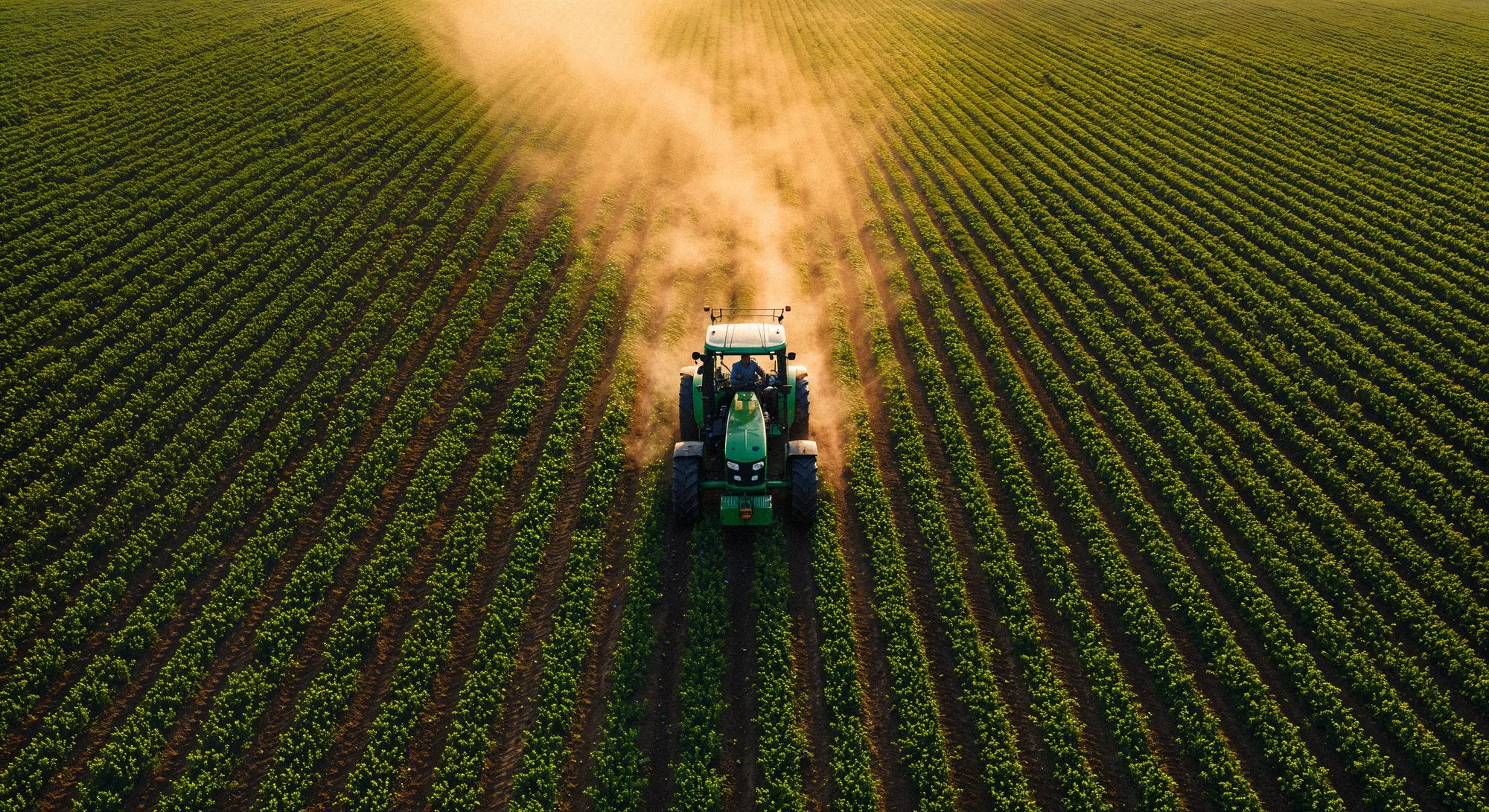 Imagem aérea de trator trabalhando em uma lavoura verde ilustrando a produção com crédito agrícola.